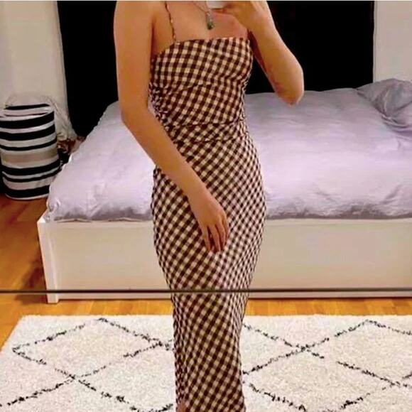 House of Harlowe 1960 Brown Gingham Check Ruched Sheath Midi Slip Dress - L - Picture 16 of 16